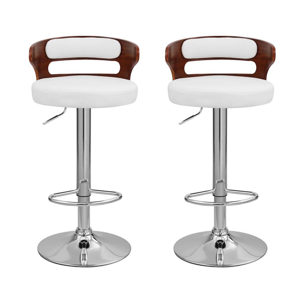 Front view of two Juna white pu leather adjustable swivel bar stools with curved walnut-look backrests and chrome bases.