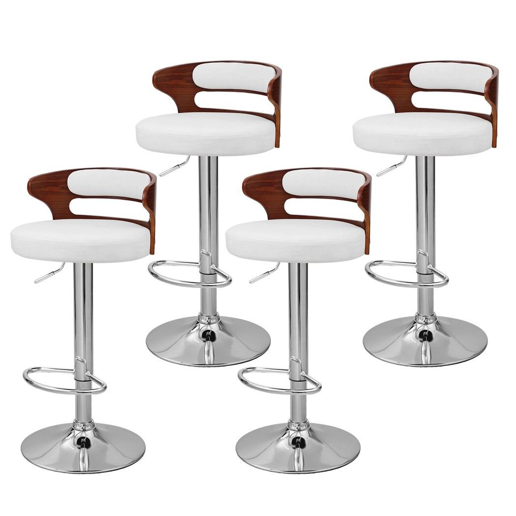 Set of 4 Juna white pu leather adjustable swivel bar stools with curved walnut-look backrests and chrome pedestal bases on a white background.