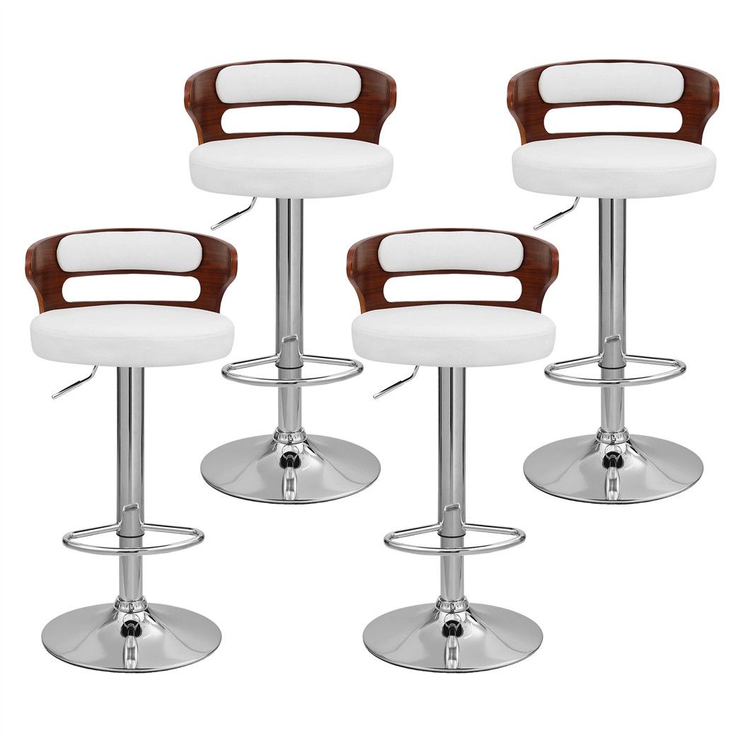 Front view of four Juna white pu leather adjustable swivel bar stools with curved walnut-look backrests and chrome bases.