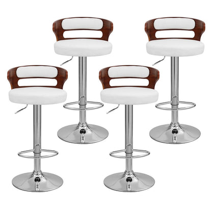 Front view of four Juna white pu leather adjustable swivel bar stools with curved walnut-look backrests and chrome bases.