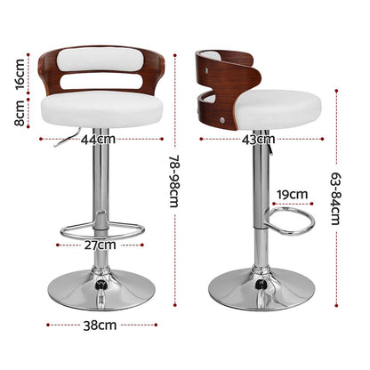 Juna white pu leather adjustable swivel bar stool dimensions showing 44cm width, 43cm depth and adjustable seat height of 63–84cm.