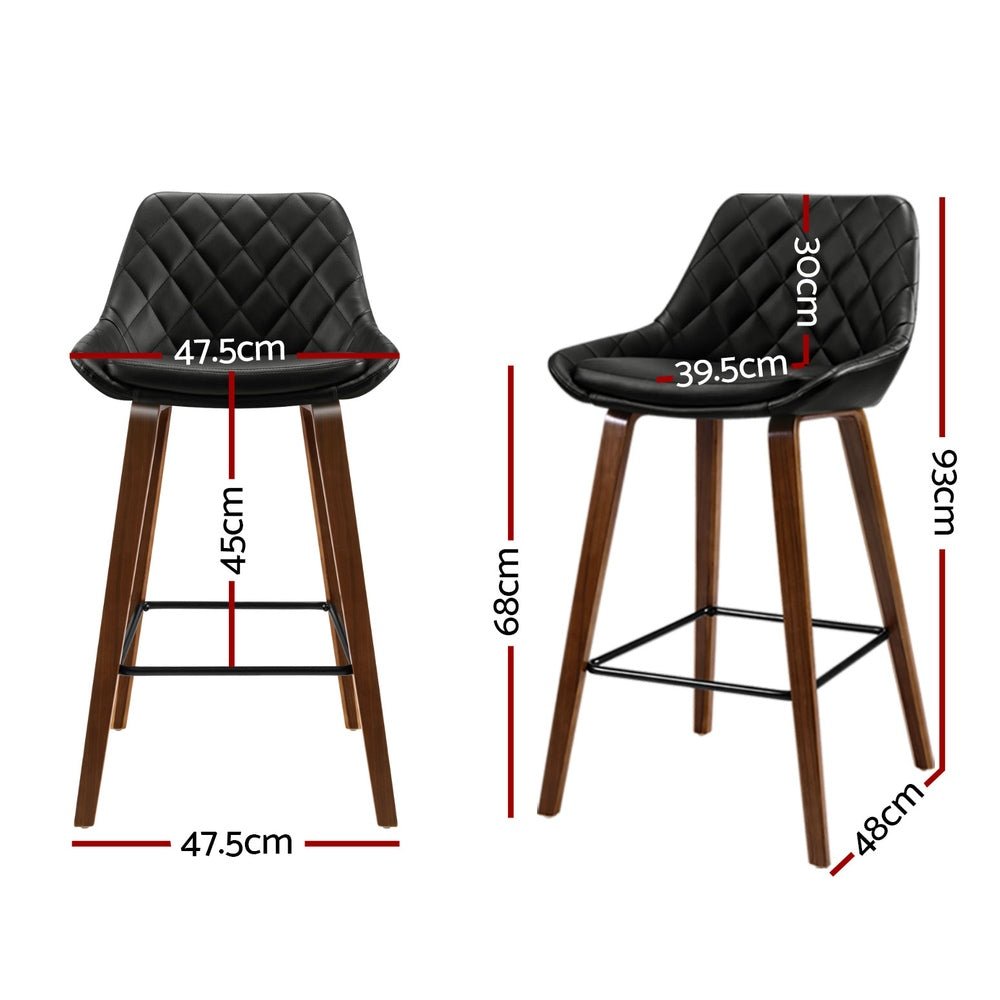 Two black leather bar stools with brown timber frame showing measurement dimentions
