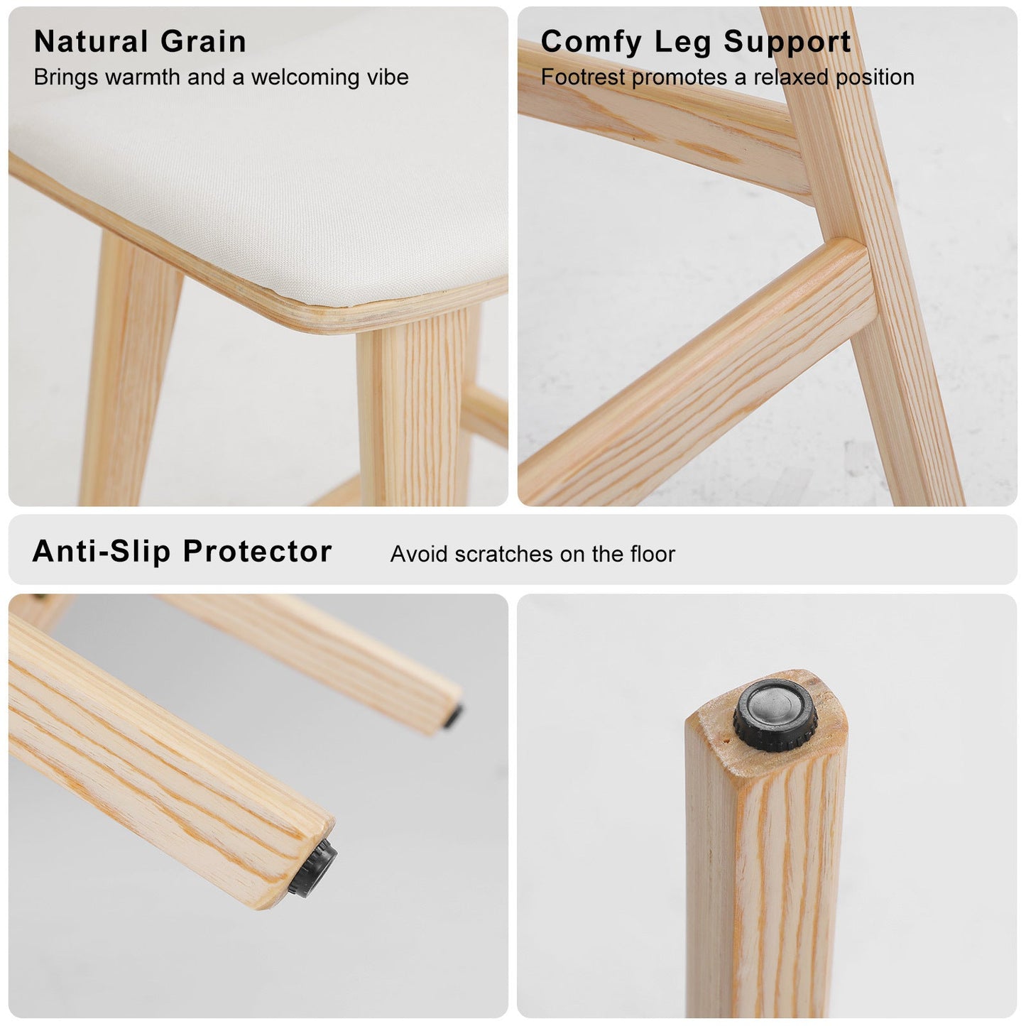 Wooden stool with features highlighted: natural grain, comfy leg support, and anti-slip protector.