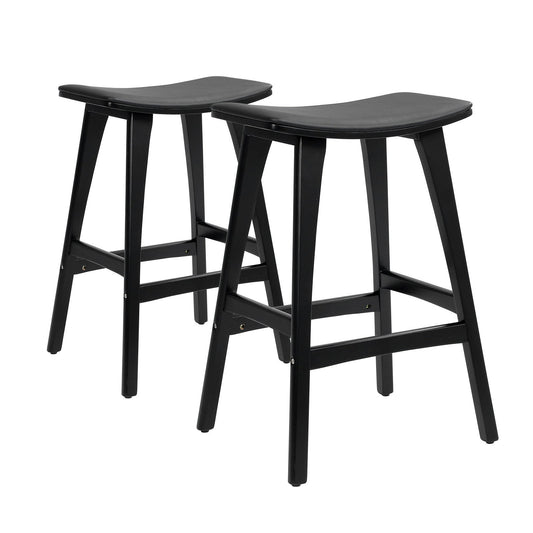 Kenji Leather Padded Wooden Bar Stool Dining Chair 65cm Black (Set of 2) - Barstool Express