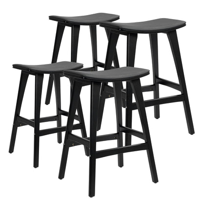 Four black bar stools on a white background