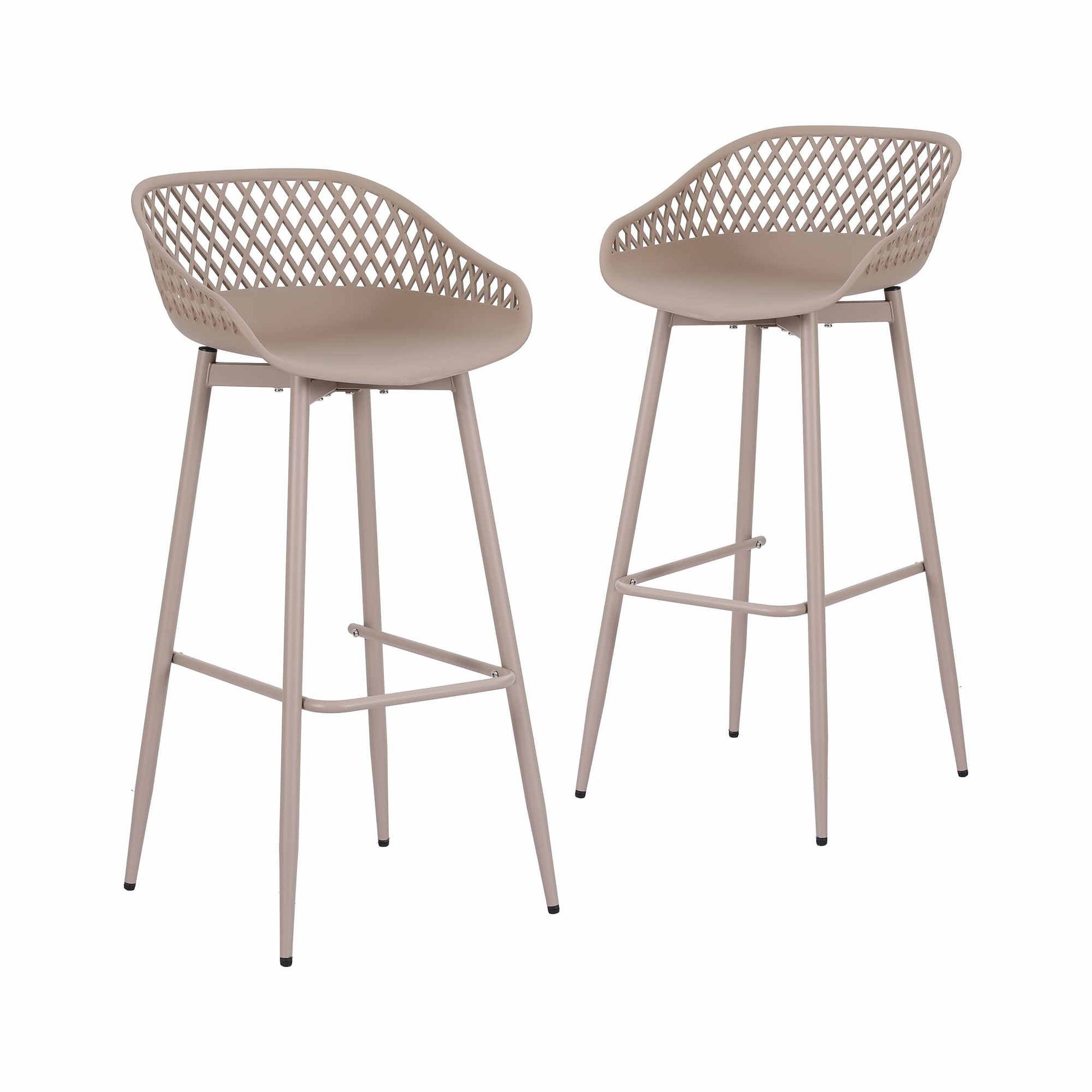 Set of two beige Kian outdoor bar stools with lattice backrests and metal legs.