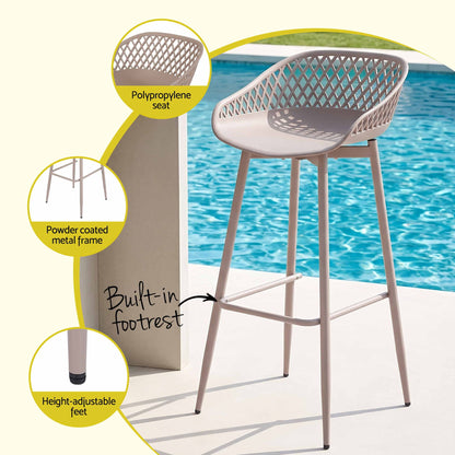 One beige Kian outdoor bar stool with polypropylene seat, powder-coated metal frame, footrest and adjustable feet.