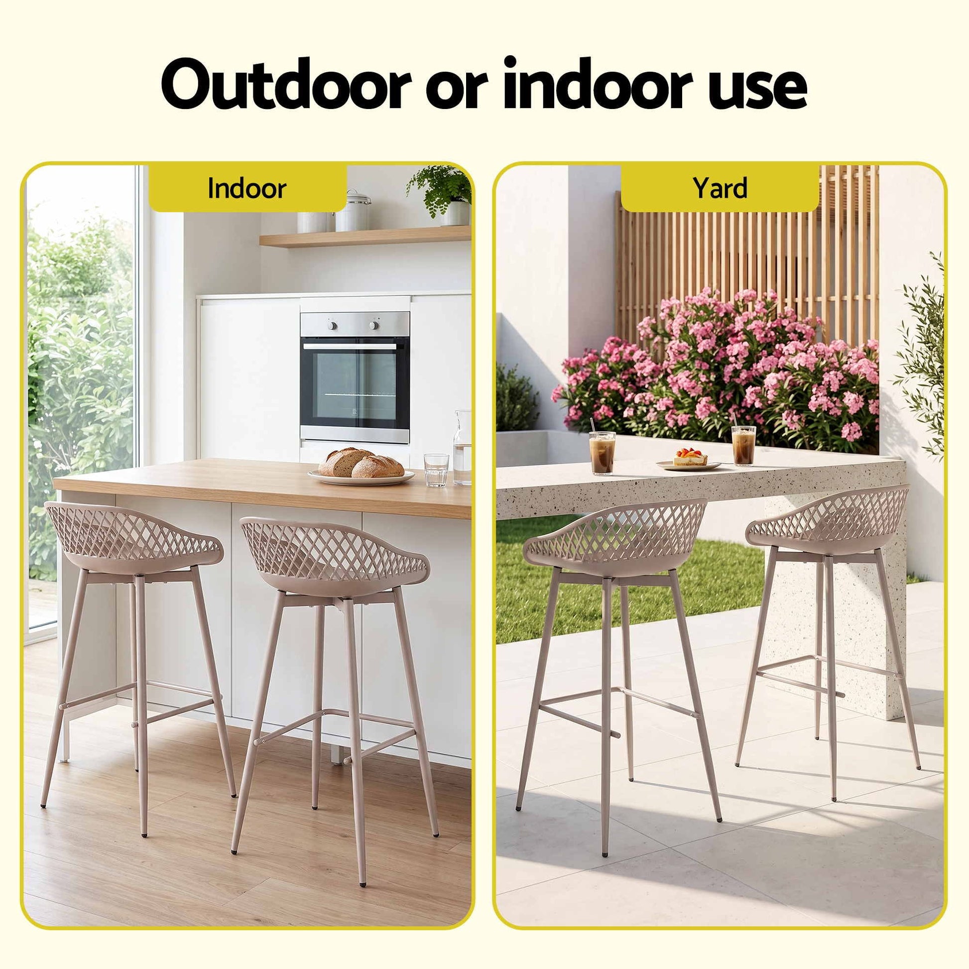 Set of two beige Kian bar stools shown in indoor kitchen and outdoor patio settings.