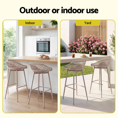 Set of two beige Kian bar stools shown in indoor kitchen and outdoor patio settings.