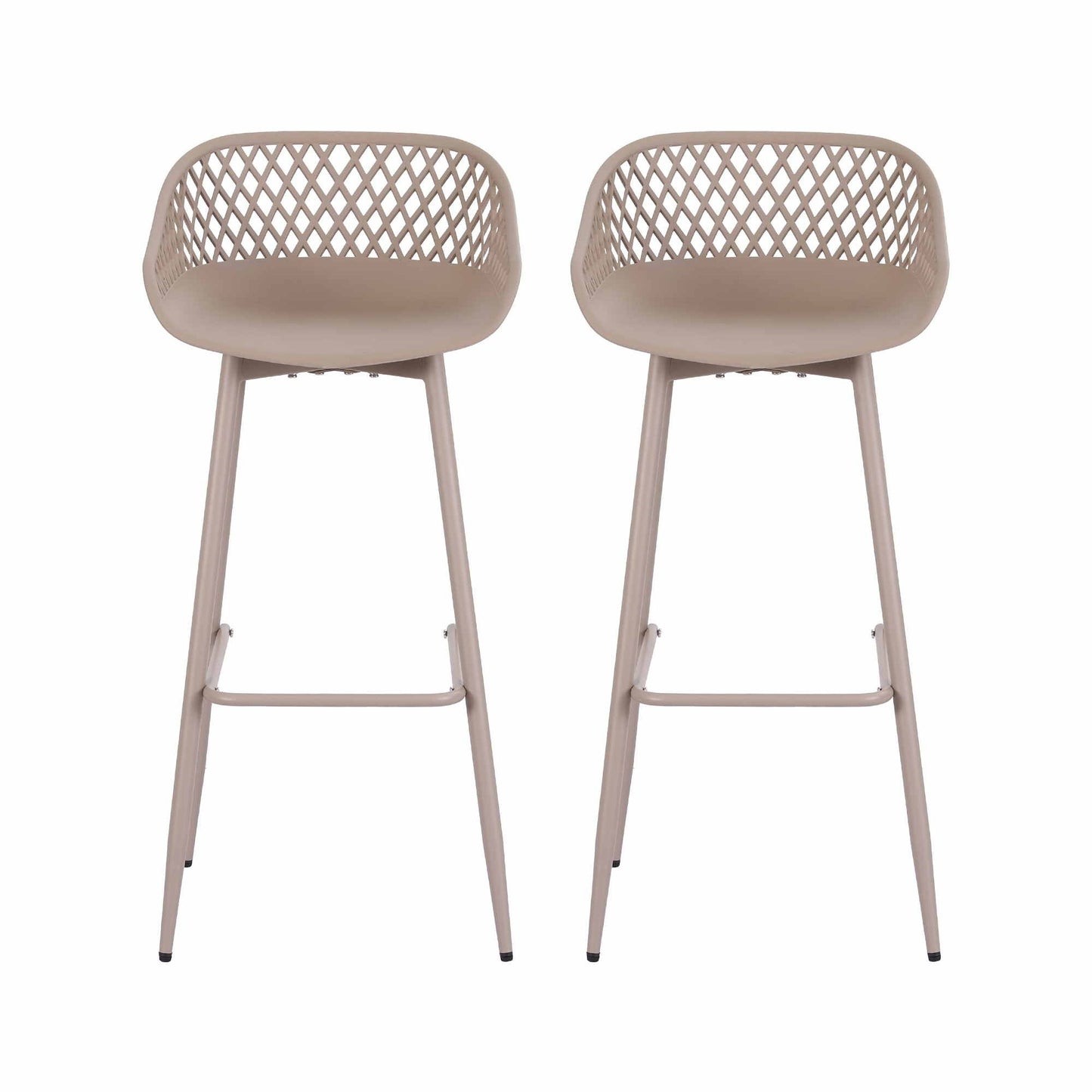 Two beige Kian outdoor bar stools with lattice backrests, polypropylene seats and metal legs.