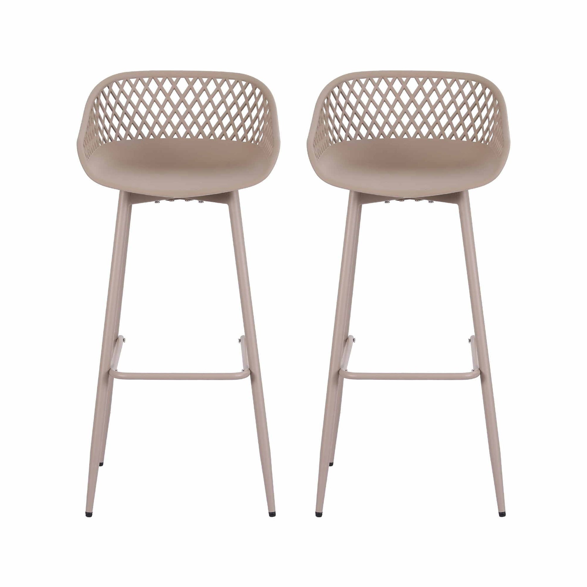 Two beige Kian outdoor bar stools with lattice backrests, polypropylene seats and metal legs.