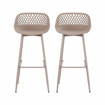 Two beige Kian outdoor bar stools with lattice backrests, polypropylene seats and metal legs.