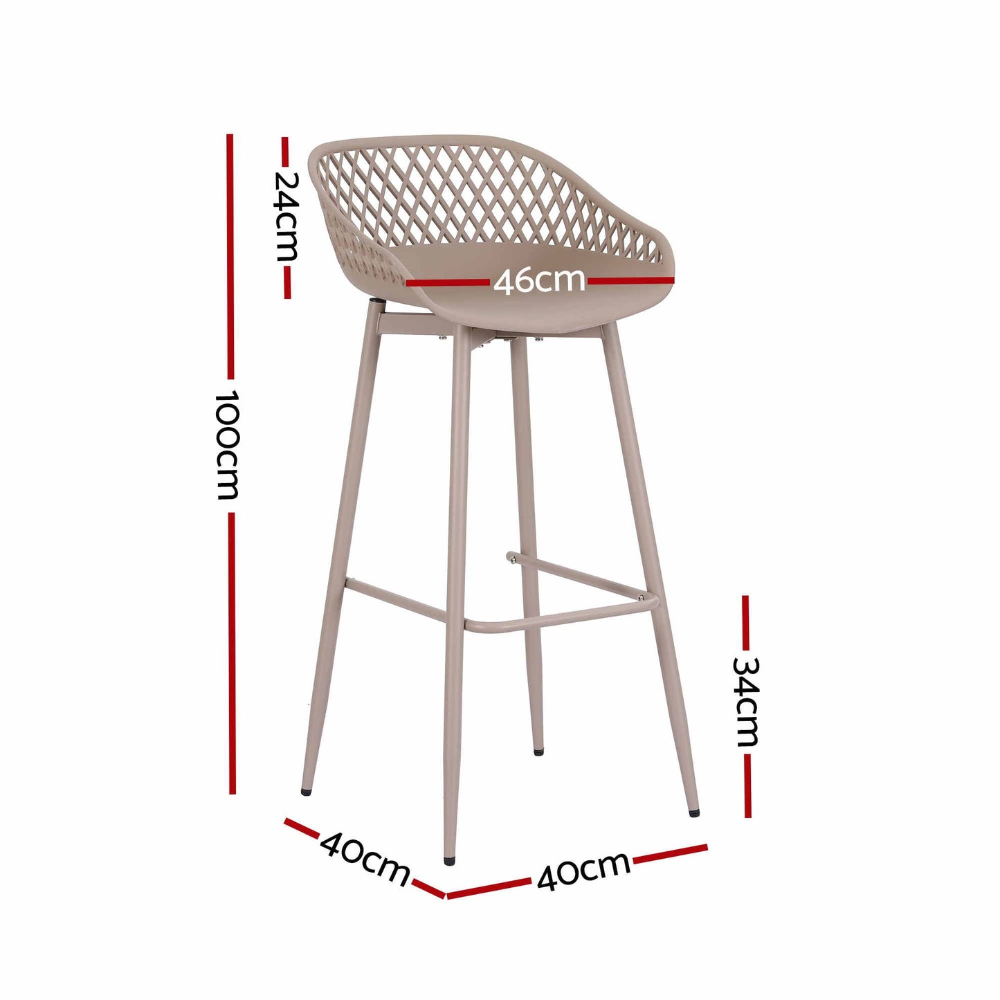 Kian beige outdoor bar stool dimensions showing 100cm overall height, 46cm width and 40cm depth.