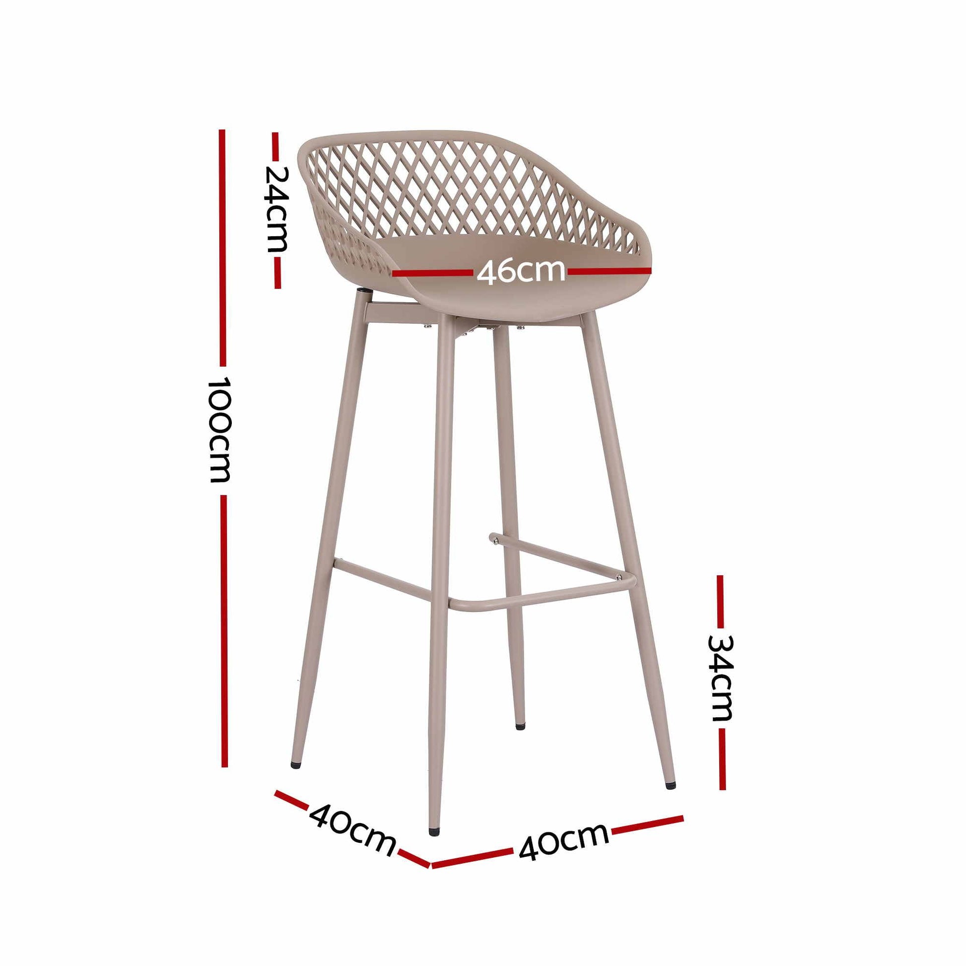 Kian beige outdoor bar stool dimensions showing 100cm overall height, 46cm width and 40cm depth.