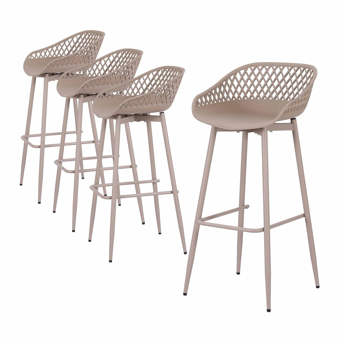 Set of four beige Kian outdoor bar stools with lattice backrests and metal legs.