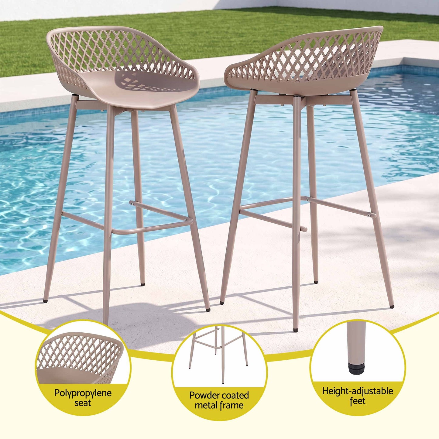 Two beige Kian outdoor bar stools with polypropylene seat, powder-coated metal frame, footrest and adjustable feet.