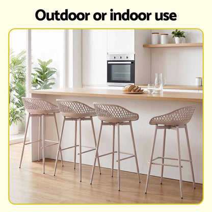 Set of four beige Kian bar stools shown in a bright kitchen setting under the text 'Outdoor or indoor use'.