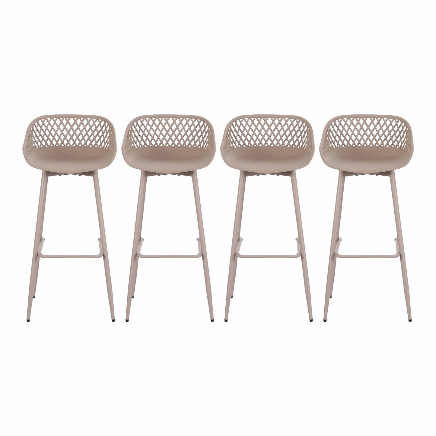 Four beige Kian outdoor bar stools with lattice backrests, polypropylene seats and metal legs.