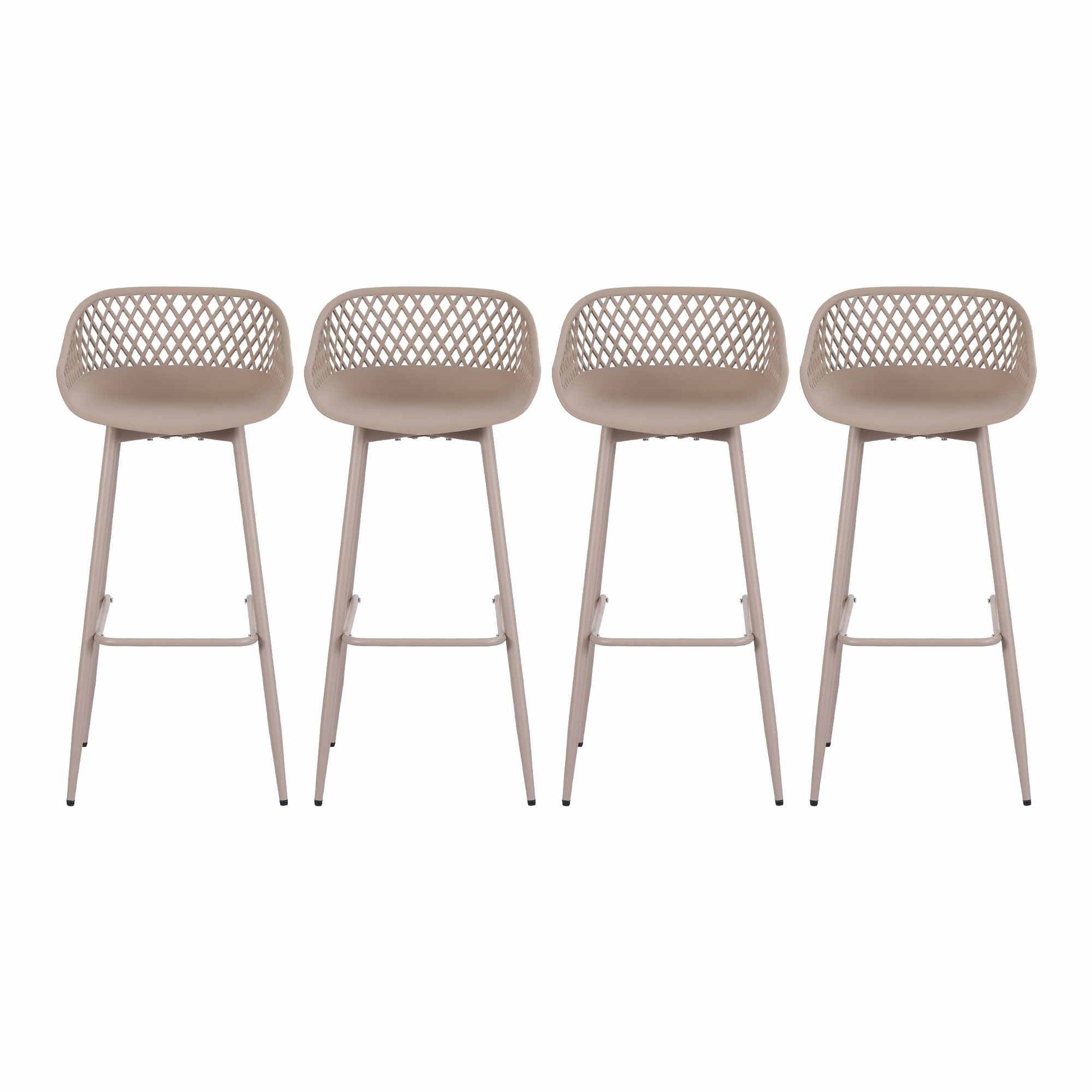 Four beige Kian outdoor bar stools with lattice backrests, polypropylene seats and metal legs.