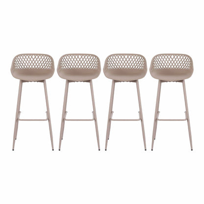 Four beige Kian outdoor bar stools with lattice backrests, polypropylene seats and metal legs.