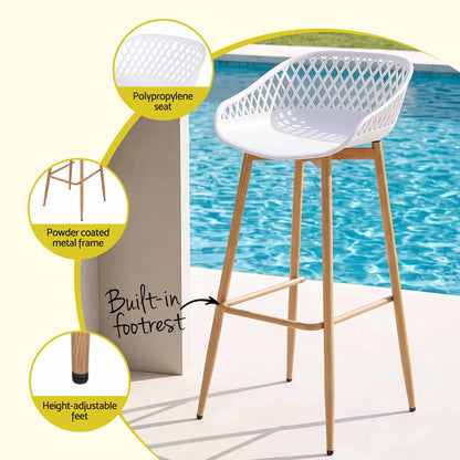 One white Kian outdoor bar stool with polypropylene seat, powder-coated metal frame, footrest and adjustable feet.