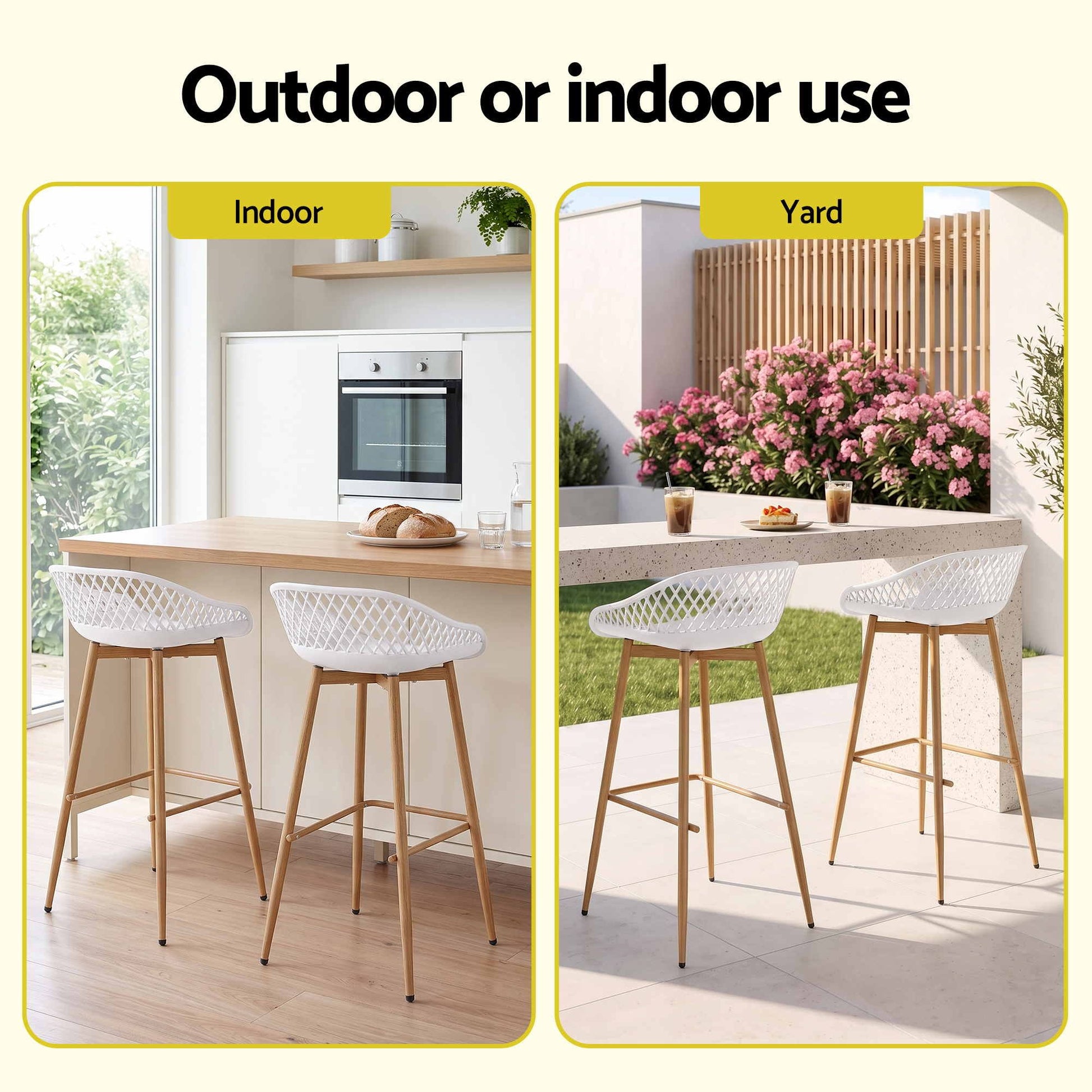 Set of two white Kian bar stools shown in indoor kitchen and outdoor patio 