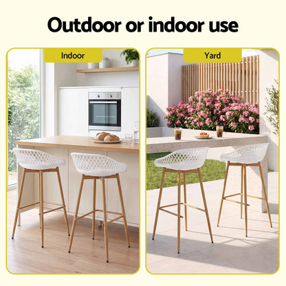 Set of two white Kian bar stools shown in indoor kitchen and outdoor patio 