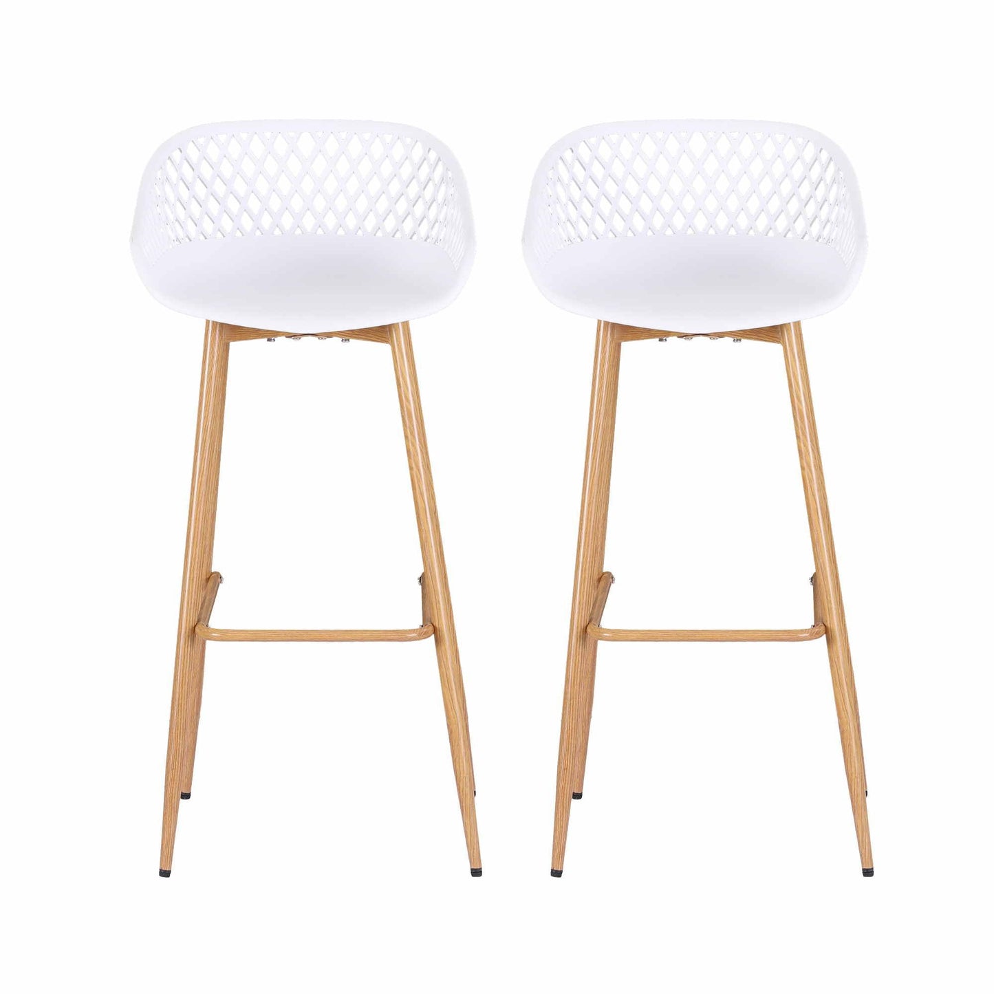 Two white Kian outdoor bar stools with lattice backrests, polypropylene seats and metal legs.