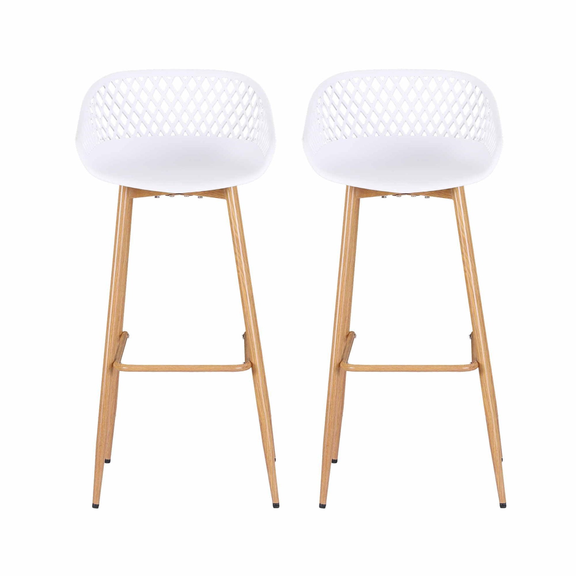 Two white Kian outdoor bar stools with lattice backrests, polypropylene seats and metal legs.