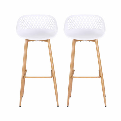Two white Kian outdoor bar stools with lattice backrests, polypropylene seats and metal legs.