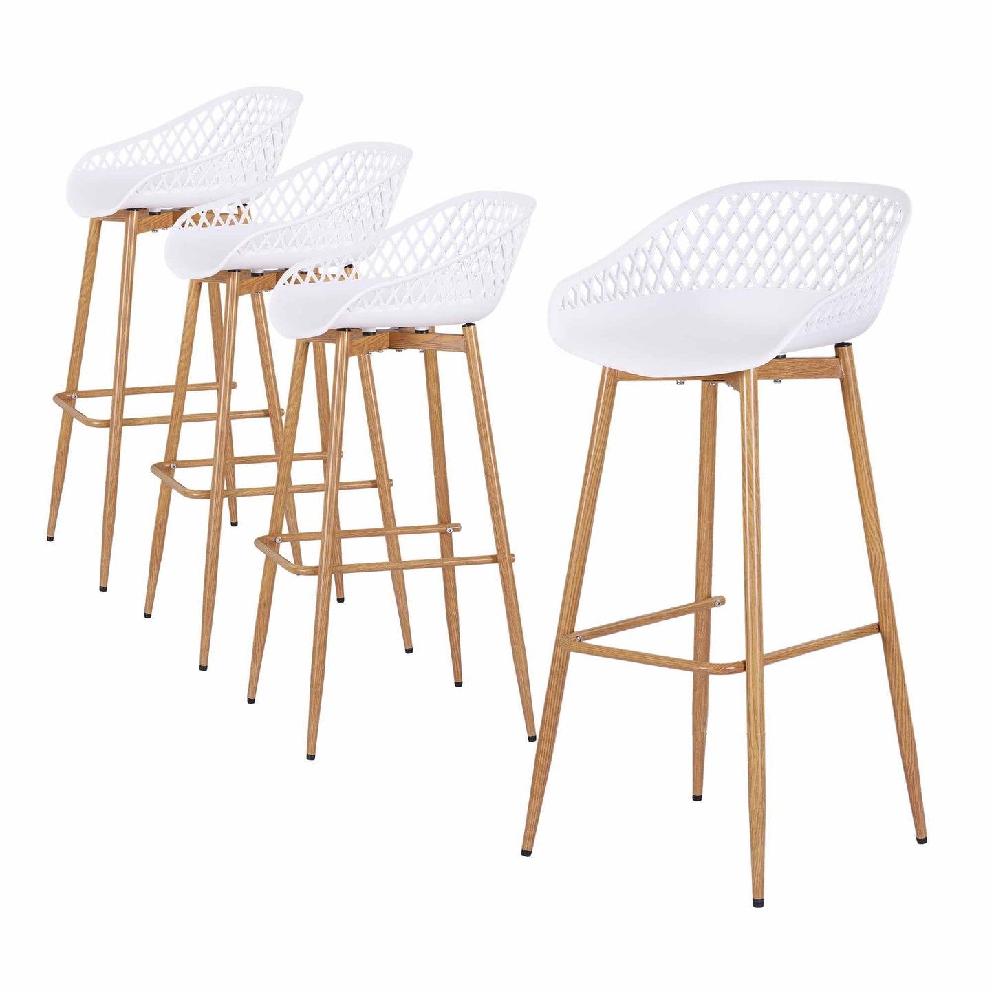 Set of four white Kian outdoor bar stools with lattice backrests and metal legs.