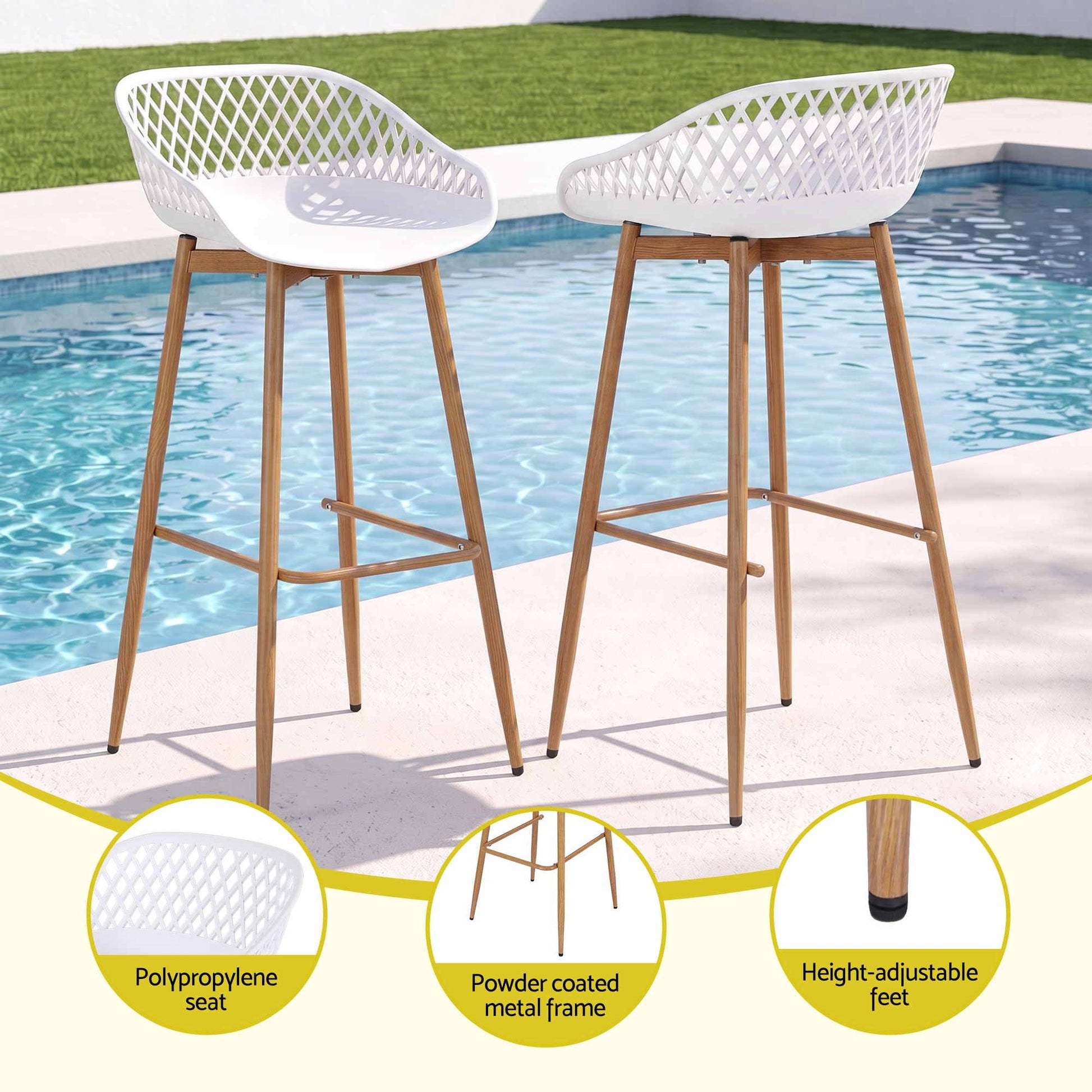 Two white Kian outdoor bar stools with polypropylene seat, powder-coated metal frame, footrest and adjustable feet.
