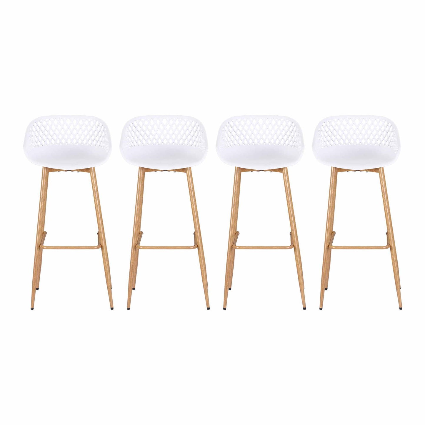 Four white Kian outdoor bar stools with lattice backrests, polypropylene seats and metal legs.