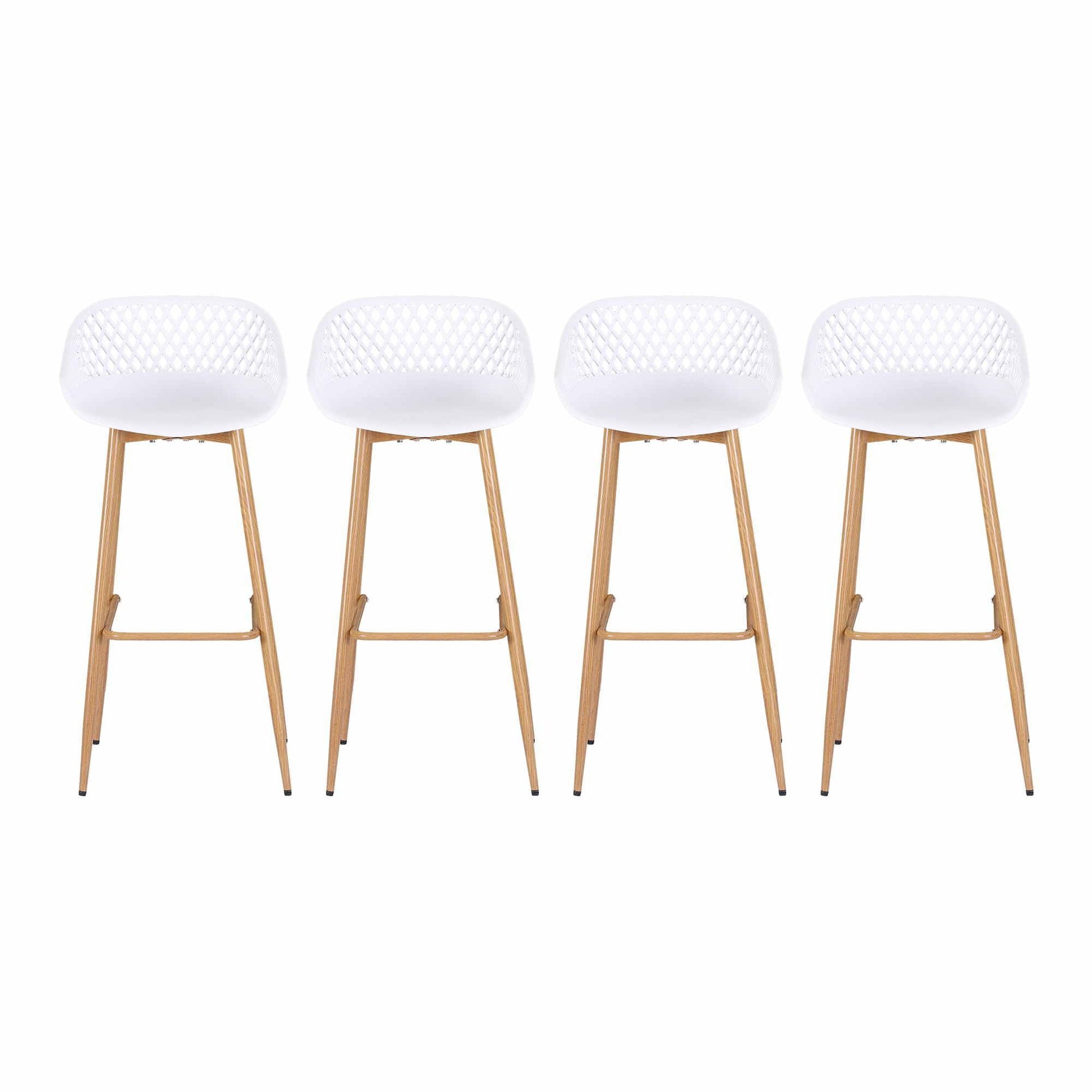 Four white Kian outdoor bar stools with lattice backrests, polypropylene seats and metal legs.