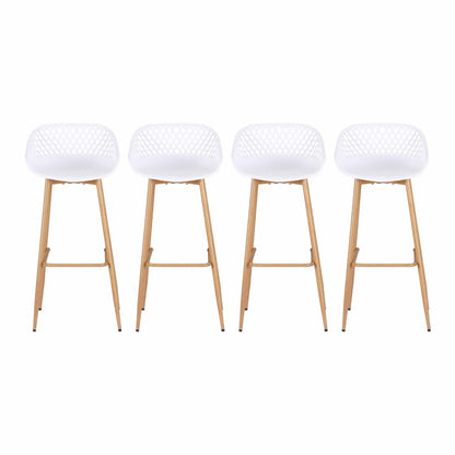 Four white Kian outdoor bar stools with lattice backrests, polypropylene seats and metal legs.