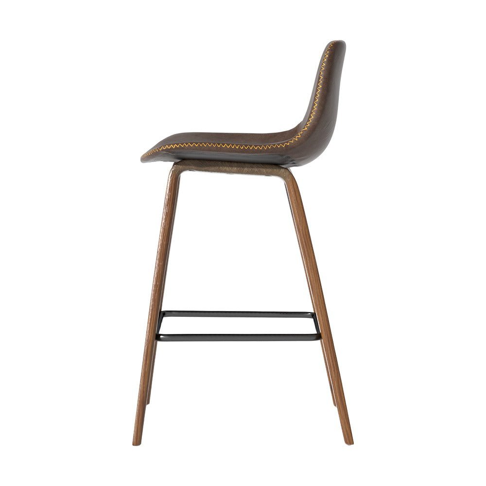 Kyle Leather Timber Bar Stools with Stitching 68cm Walnut Brown (Set of 2) - Barstool Express