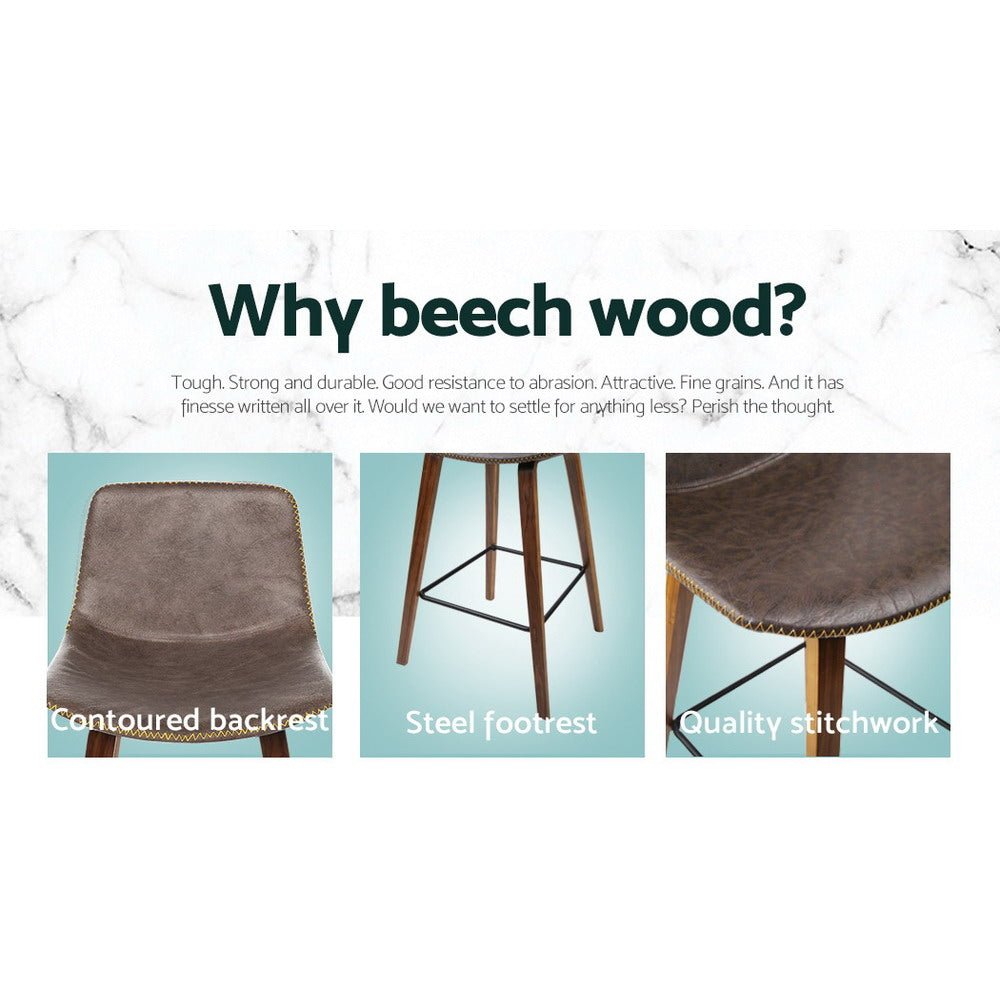 Kyle Leather Timber Bar Stools with Stitching 68cm Walnut Brown (Set of 2) - Barstool Express