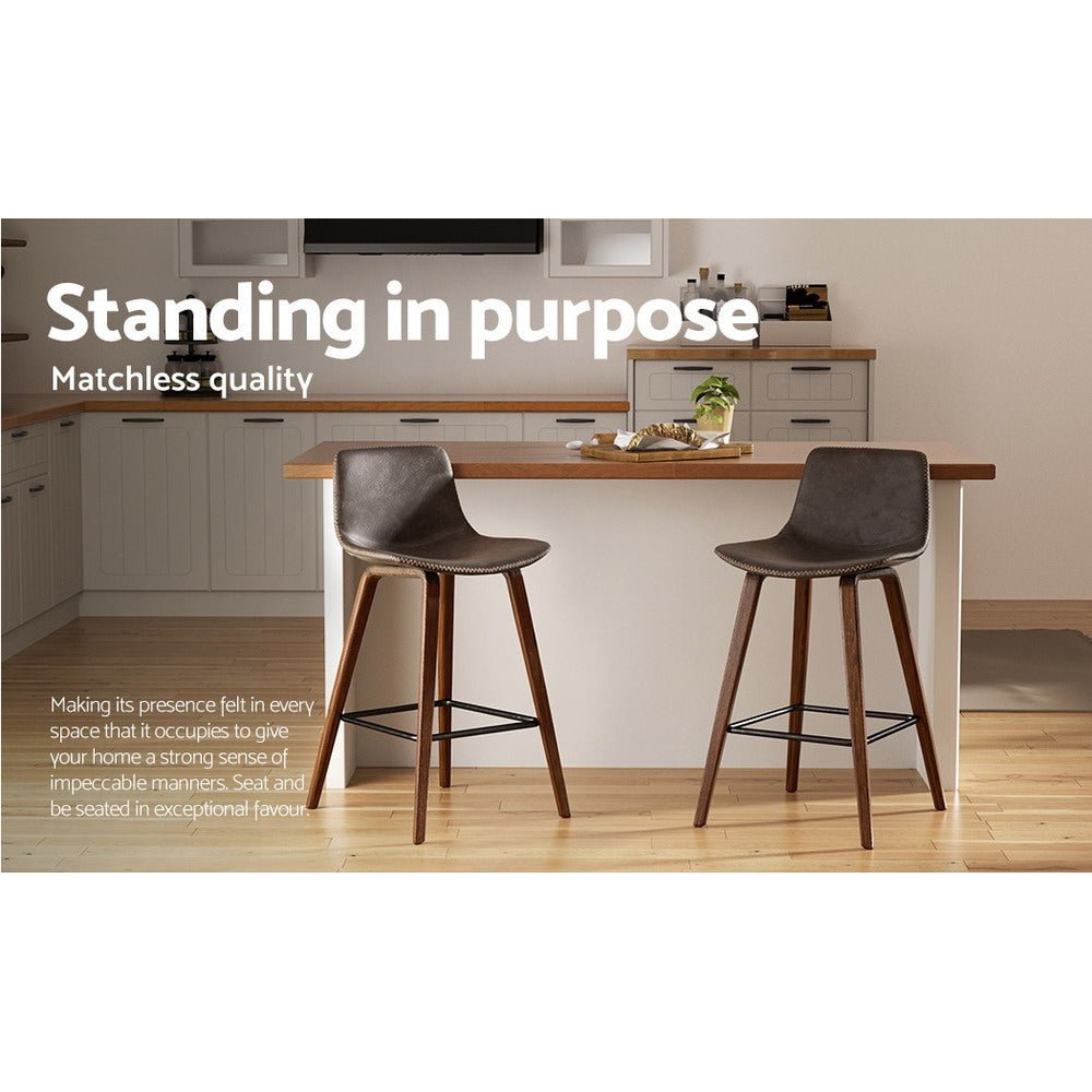 Kyle Leather Timber Bar Stools with Stitching 68cm Walnut Brown (Set of 2) - Barstool Express
