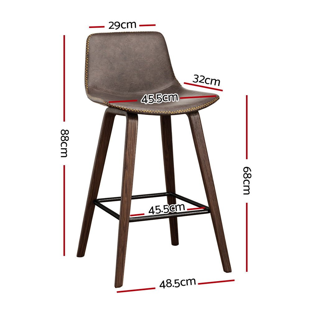 Kyle Leather Timber Bar Stools with Stitching 68cm Walnut Brown (Set of 2) - Barstool Express