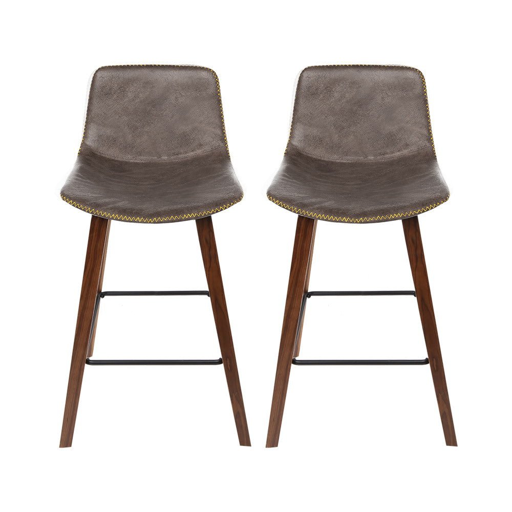 Kyle Leather Timber Bar Stools with Stitching 68cm Walnut Brown (Set of 2) - Barstool Express