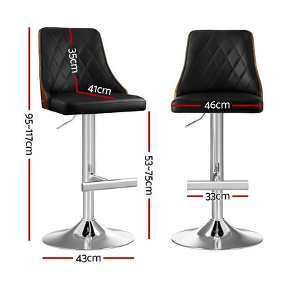 Two black bar stools with measurements on a white background