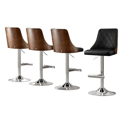 Four bar stools with wooden seats and metal legs on a white background
