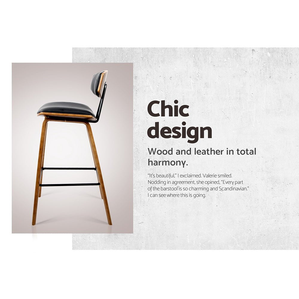 Leo Leather Padded Timber Bar Stools 67cm Brown & Black (Set of 2) - Barstool Express