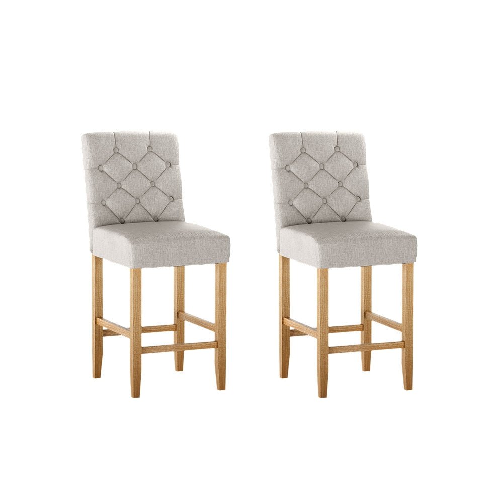 Luna Upholstered Linen Timber Frame Bar Stools 65cm Beige (Set of 2) - Barstool Express