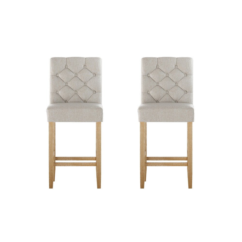 Luna Upholstered Linen Timber Frame Bar Stools 65cm Beige (Set of 2) - Barstool Express