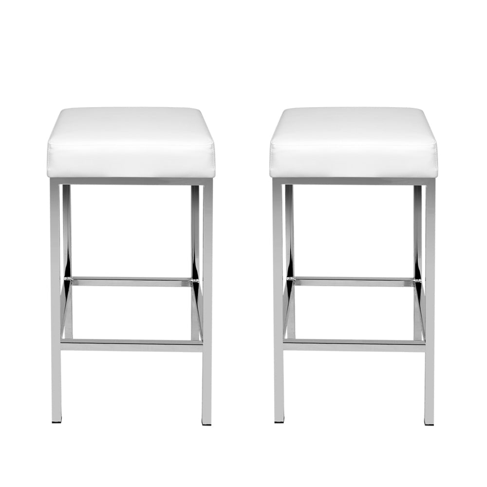 Milan Leather Padded Square Bar Stools 69cm Chrome White (Set of 2) - Barstool Express
