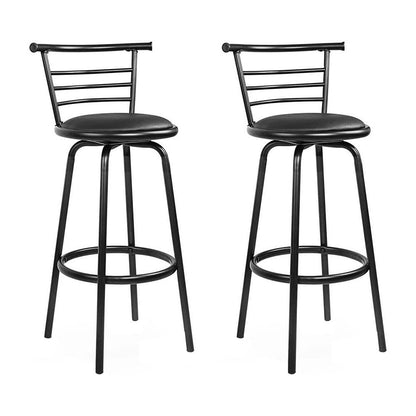 Two black metal bar stools with cushioned seats on a white background