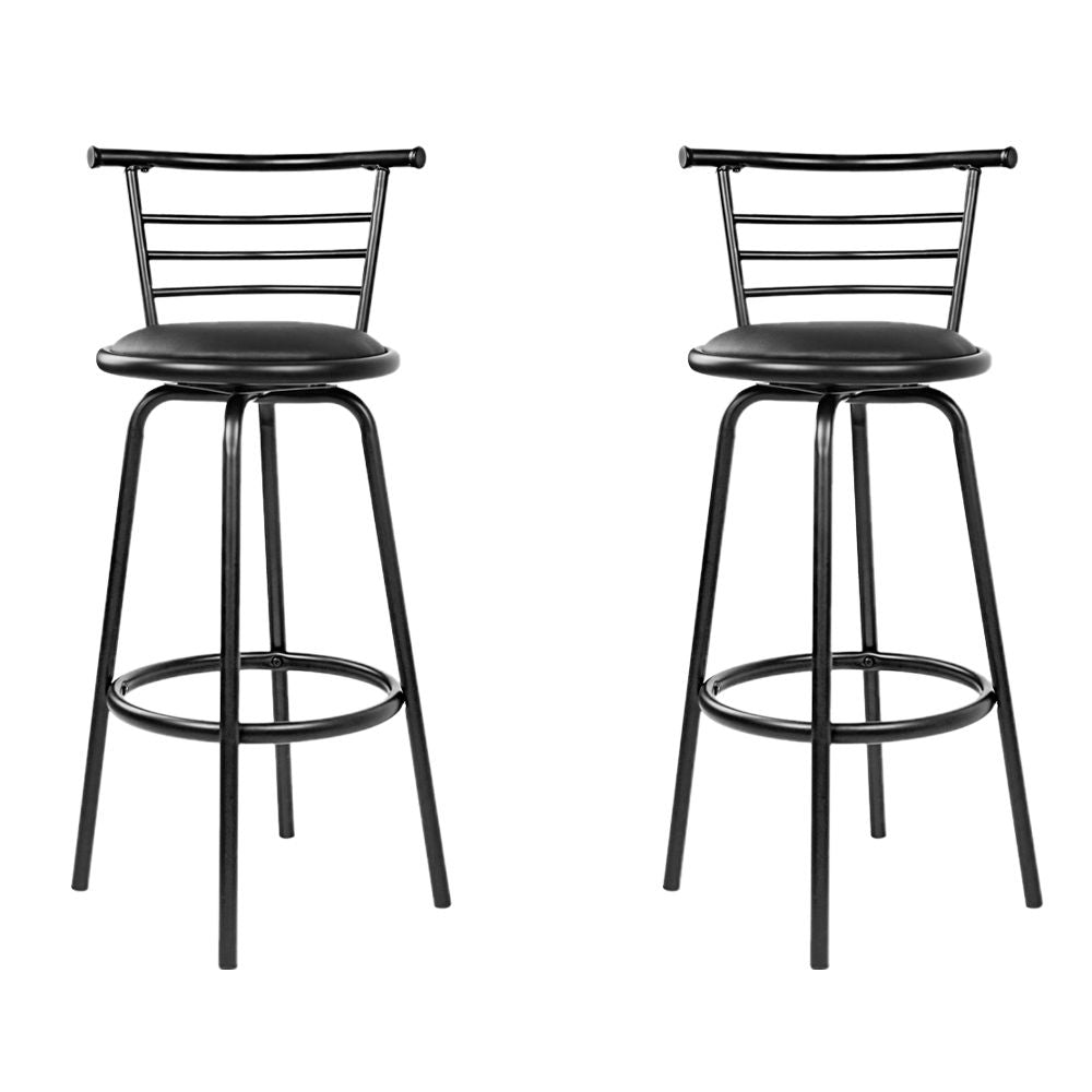 Two black metal bar stools with cushioned seats on a white background