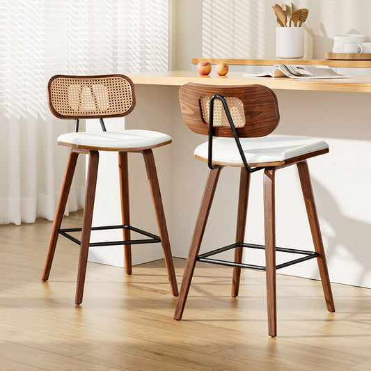 Nina Leather Padded Rattan Bar Stools 64cm Walnut & Beige (Set of 2) - Barstool Express