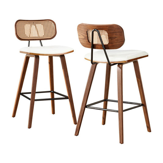 Nina Leather Padded Rattan Bar Stools 64cm Walnut & Beige (Set of 2) - Barstool Express
